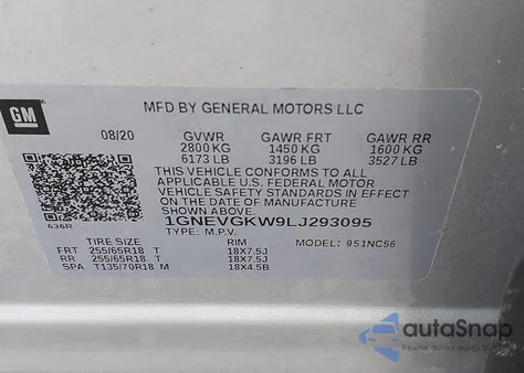 2020 Chevrolet Traverse Awd Lt Cloth z USA, uszkodzony, nr VIN 1GNEVGKW9LJ293095